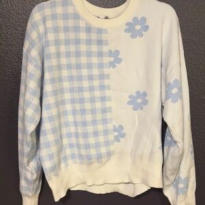 Blue and White Floral Checkered Sweater